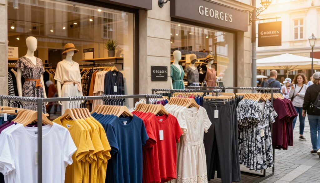 A vibrant outdoor clothing store in Poland showcasing George’s collection of apparel. In the foreground, display a neatly arranged rack of diverse clothing items including colorful t-shirts, elegant dresses, and stylish trousers. The middle ground features an inviting storefront with large glass windows displaying more clothing, mannequins dressed in the latest trends, and welcoming signage. In the background, a hint of the bustling Polish street with shoppers walking by, enjoying the atmosphere. The scene is illuminated by warm, natural sunlight, creating a friendly and inviting mood. The angle captures a slight upward perspective, emphasizing the variety and accessibility of George's offerings in Poland. A vibrant outdoor clothing store in Poland showcasing George’s collection of apparel. In the foreground, display a neatly arranged rack of diverse clothing items including colorful t-shirts, elegant dresses, and stylish trousers. The middle ground features an inviting storefront with large glass windows displaying more clothing, mannequins dressed in the latest trends, and welcoming signage. In the background, a hint of the bustling Polish street with shoppers walking by, enjoying the atmosphere. The scene is illuminated by warm, natural sunlight, creating a friendly and inviting mood. The angle captures a slight upward perspective, emphasizing the variety and accessibility of George's offerings in Poland.
