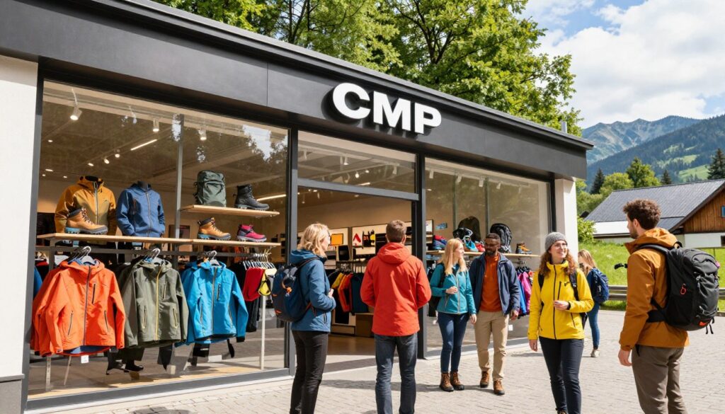 A vibrant outdoor scene depicting a fashionable CMP store in Poland, showcasing a variety of outdoor clothing and footwear. In the foreground, a well-dressed group of diverse individuals, representing outdoor enthusiasts, examines the stylish and functional products. The middle ground features the CMP store's modern facade, characterized by large glass windows displaying colorful jackets, hiking boots, and accessories. The background reveals a scenic landscape, including a lush forest and distant mountains, evoking a sense of adventure. The lighting is bright and natural, suggesting a sunny day, with the camera angle angled slightly upward to give prominence to the store. The overall atmosphere is energetic and inviting, highlighting the brand's connection to outdoor activities and user needs. A vibrant outdoor scene depicting a fashionable CMP store in Poland, showcasing a variety of outdoor clothing and footwear. In the foreground, a well-dressed group of diverse individuals, representing outdoor enthusiasts, examines the stylish and functional products. The middle ground features the CMP store's modern facade, characterized by large glass windows displaying colorful jackets, hiking boots, and accessories. The background reveals a scenic landscape, including a lush forest and distant mountains, evoking a sense of adventure. The lighting is bright and natural, suggesting a sunny day, with the camera angle angled slightly upward to give prominence to the store. The overall atmosphere is energetic and inviting, highlighting the brand's connection to outdoor activities and user needs.