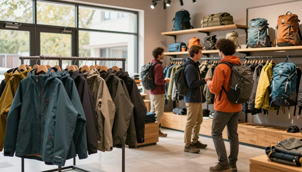 A vibrant outdoor scene showcasing a selection of Dare2B outdoor products displayed in an organized retail environment. In the foreground, stylish outdoor jackets and gear hang from sleek, modern racks, beautifully lit by soft overhead lights that create a warm and inviting atmosphere. The middle ground features attentive shoppers, dressed in casual yet trendy attire, browsing and interacting with products, conveying a sense of excitement and exploration. The background is a cozy, yet professional retail space with wooden shelves filled with outdoor equipment like backpacks and camping gear. Sunlight streams through large windows, casting a gentle glow, emphasizing the quality and originality of the Dare2B brand. The overall mood is vibrant, energetic, and focused on the joy of outdoor adventure.