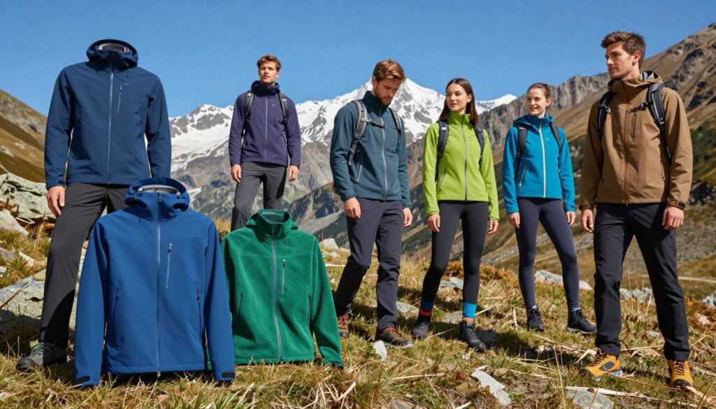 A vibrant outdoor scene showcasing a variety of Elbrus outdoor clothing. In the foreground, display a dynamic arrangement of jackets, fleece jackets, pants, and base layers designed for both outdoor activities and everyday wear. Use rich colors like deep blues, greens, and earthy tones to highlight the materials. In the middle ground, depict models dressed in this apparel, engaged in activities like hiking or walking, with a backdrop of a stunning mountain landscape under bright, clear blue skies. The lighting should be bright and natural, emphasizing the functionality and style of the clothing. Capture the mood as adventurous and energetic, evoking the spirit of outdoor exploration. A vibrant outdoor scene showcasing a variety of Elbrus outdoor clothing. In the foreground, display a dynamic arrangement of jackets, fleece jackets, pants, and base layers designed for both outdoor activities and everyday wear. Use rich colors like deep blues, greens, and earthy tones to highlight the materials. In the middle ground, depict models dressed in this apparel, engaged in activities like hiking or walking, with a backdrop of a stunning mountain landscape under bright, clear blue skies. The lighting should be bright and natural, emphasizing the functionality and style of the clothing. Capture the mood as adventurous and energetic, evoking the spirit of outdoor exploration.
