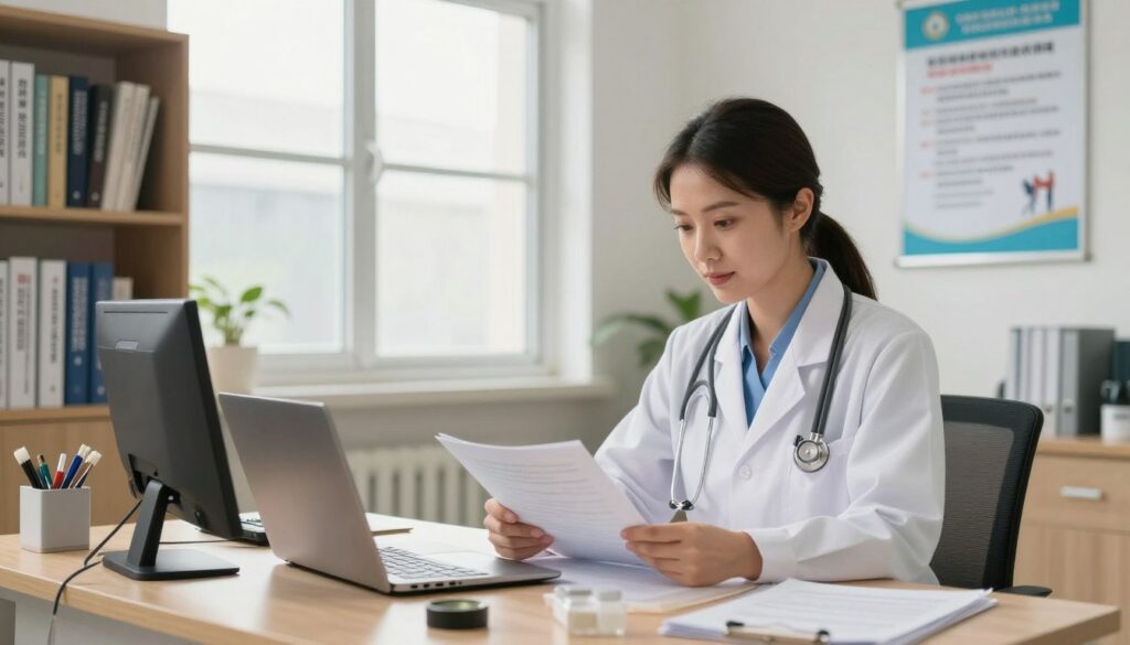 A vibrant, professional veterinary inspection scene set in an office environment. In the foreground, a confident veterinarian in a white lab coat examines files on a desk, surrounded by various veterinary tools and a laptop. The middle ground features a large window, allowing natural light to illuminate the space, and shelves filled with veterinary reference books. In the background, a poster of public health guidelines hangs on the wall, emphasizing the importance of veterinary inspection work. The atmosphere conveys a sense of diligence and professionalism, with soft, warm lighting creating an inviting and focused mood. Capture the scene from a slightly elevated angle to showcase the depth of the workspace while maintaining a clear focus on the veterinarian at work.