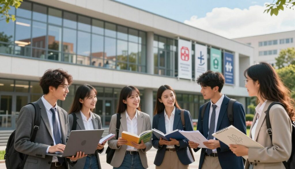 A vibrant university campus scene capturing the essence of popular study fields in Poland for the academic year 2024/2025. In the foreground, a diverse group of students engaged in discussion, all dressed in professional business attire, symbolize various disciplines: a student with a laptop representing technology, another with a biology book, and one with a sketchpad for the arts. In the middle ground, a modern university building with large glass windows reflects an urban atmosphere, while banners with iconic symbols of education subtly highlight fields like engineering, medicine, and humanities. The background showcases a clear blue sky with hints of greenery, adding to the feeling of optimism and inspiration. Soft, warm lighting accentuates the scene, evoking a welcoming and dynamic mood, with a focus on growth and discovery. A vibrant university campus scene capturing the essence of popular study fields in Poland for the academic year 2024/2025. In the foreground, a diverse group of students engaged in discussion, all dressed in professional business attire, symbolize various disciplines: a student with a laptop representing technology, another with a biology book, and one with a sketchpad for the arts. In the middle ground, a modern university building with large glass windows reflects an urban atmosphere, while banners with iconic symbols of education subtly highlight fields like engineering, medicine, and humanities. The background showcases a clear blue sky with hints of greenery, adding to the feeling of optimism and inspiration. Soft, warm lighting accentuates the scene, evoking a welcoming and dynamic mood, with a focus on growth and discovery.