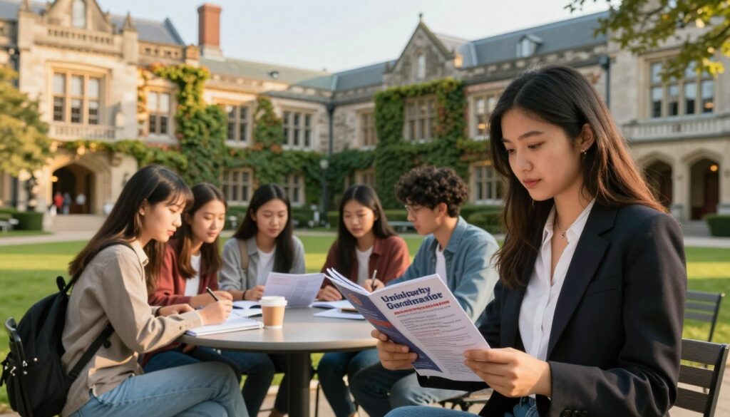 A vibrant university campus scene during the golden hour, showcasing a diverse group of students engaged in academic discussions. In the foreground, a focused woman in professional attire is examining a university brochure, emphasizing the importance of researching programs. In the middle ground, students of various backgrounds sit together at an outdoor table, sharing notes and ideas, symbolizing collaboration and practical learning. The background features beautiful historic university architecture with ivy-covered walls, under a clear sky creating a warm and inviting atmosphere. Natural light illuminates the scene, casting soft shadows. There’s a mix of greenery and modern study spaces, highlighting the balance between tradition and innovation in higher education. The overall mood is inspiring and motivational, ideal for students contemplating their future educational paths.
