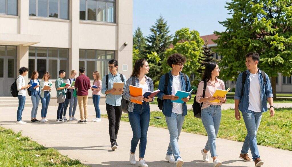 A vibrant university campus scene during the week, showcasing students engaged in various activities from Monday to Friday. In the foreground, a diverse group of students, dressed in smart casual clothing and carrying textbooks, are walking together, discussing academic topics. In the middle ground, there's a modern building with large windows, symbolizing a classroom setting where another group is participating in a lively discussion. The background features green trees and a clear blue sky, conveying a sense of freshness and energy. The lighting is bright and natural, typical of a sunny day, with soft shadows casting on the pathway. The atmosphere feels dynamic and focused, reflecting the daily life of students in a full-time study environment.