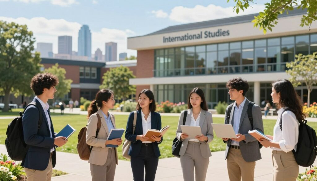 A vibrant university campus scene illustrating an academic year abroad. In the foreground, a diverse group of students, both men and women, dressed in professional business attire, is engaged in animated discussions while holding books and laptops. The middle ground features a modern building with large glass windows labeled "International Studies," surrounded by lush greenery and blooming flowers. In the background, the silhouette of the city skyline can be seen under a bright blue sky, indicating a sunny, inspiring day. Soft, natural lighting illuminates the scene, creating a warm and inviting atmosphere. The image conveys a sense of global education and collaboration among students from different cultures, emphasizing the enriching experience of studying abroad.