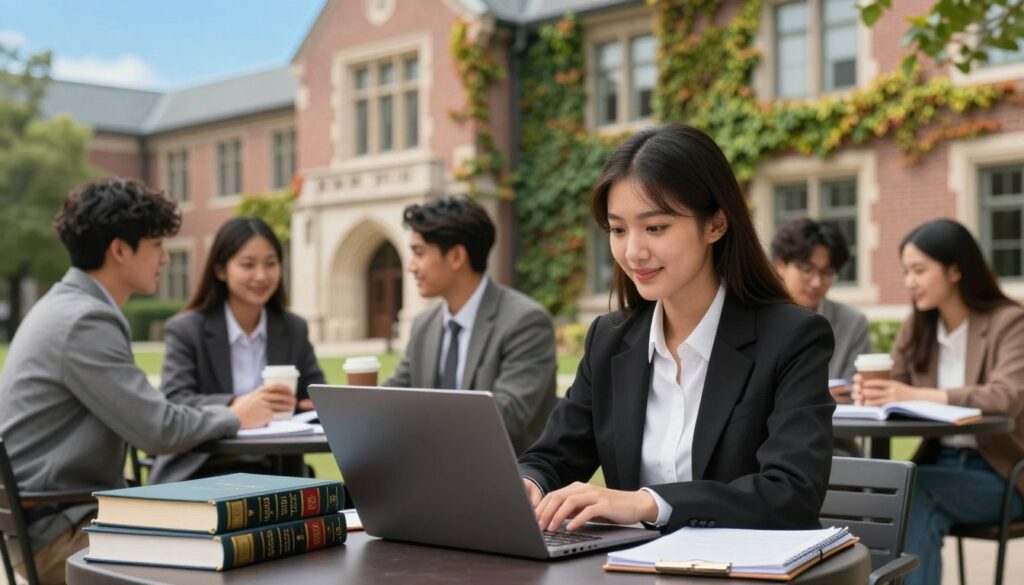 A vibrant university campus scene showcasing a law student in professional attire, sitting at an outdoor café table. The foreground features a young woman focused on her laptop, surrounded by law textbooks and notepads, conveying her determination and ambition. In the middle ground, classmates engage in discussions, some holding coffee cups, illustrating camaraderie and collaboration. The background includes a historic university building with ivy-covered walls, under a clear blue sky, adding warmth and a sense of achievement. Soft, natural lighting highlights the expressions of concentration and joy on the students' faces, creating an inspiring atmosphere of growth and first experiences in the legal field. Use a standard lens to capture the essence of the moment, ensuring the focus remains on the student.