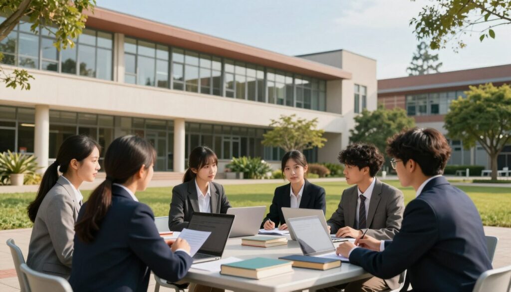 A vibrant university campus scene showcasing the concept of legal studies. In the foreground, a diverse group of students in professional business attire, engaged in discussion around a large outdoor study table, surrounded by books and laptops. The middle section features a modern university building with large windows and greenery, suggesting a welcoming academic environment. In the background, tall trees and a clear blue sky enhance the atmosphere of opportunity and growth. The lighting is warm and natural, highlighting the enthusiasm and seriousness of the students. The angle is slightly elevated, capturing both the interactions of the students and the dynamic architecture of the campus, conveying a mood of ambition and scholarly pursuit.