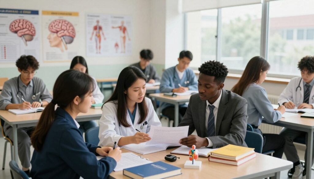 A vibrant university classroom filled with medical students in professional business attire, deeply engaged in their studies. In the foreground, a diverse group of students, including a female student of Asian descent and a male student of African descent, intently discussing a case study around a table cluttered with medical textbooks and anatomy models. In the middle ground, the walls are lined with charts of the human brain and mental health concepts, along with anatomical diagrams. The background features a large window letting in soft, natural light, creating an inviting atmosphere for learning. The mood is one of focus and determination, symbolizing the foundational phase of a psychiatric career. The angle is slightly elevated, capturing both the students and the educational environment harmoniously.