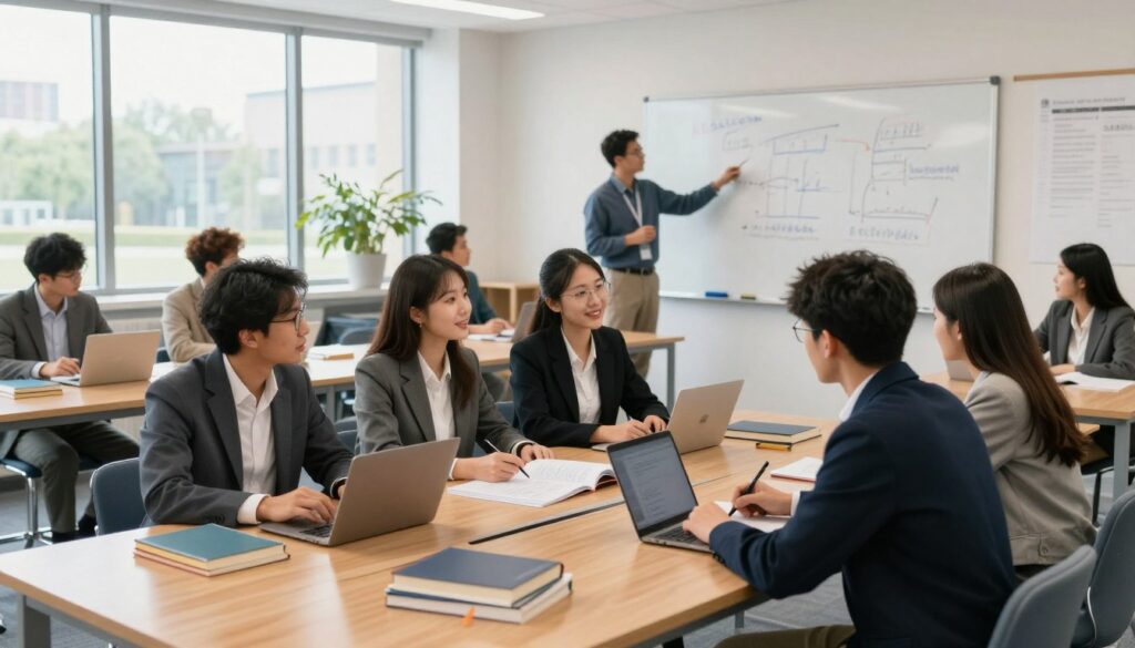 A vibrant university classroom scene showcasing students engaged in various aspects of undergraduate studies. In the foreground, a diverse group of four students in professional attire collaborates on a project at a large wooden table, surrounded by books and laptops. The middle features a lecturer standing by a whiteboard, explaining concepts related to their field, while other students can be seen taking notes or discussing ideas. The background displays large windows allowing natural light to flood in, highlighting the bright, modern architecture of the classroom. The atmosphere is energetic and focused, with soft lighting to convey a productive learning environment. The angle captures the depth of the classroom, emphasizing interaction among students and the learning process. A vibrant university classroom scene showcasing students engaged in various aspects of undergraduate studies. In the foreground, a diverse group of four students in professional attire collaborates on a project at a large wooden table, surrounded by books and laptops. The middle features a lecturer standing by a whiteboard, explaining concepts related to their field, while other students can be seen taking notes or discussing ideas. The background displays large windows allowing natural light to flood in, highlighting the bright, modern architecture of the classroom. The atmosphere is energetic and focused, with soft lighting to convey a productive learning environment. The angle captures the depth of the classroom, emphasizing interaction among students and the learning process.