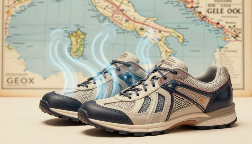 A vintage-inspired illustration showcasing the concept of air flow in footwear, reflecting the spirit of innovation from 1995. In the foreground, a pair of Geox shoes prominently displayed, designed with visible ventilation features, highlighting the innovative technology. The middle ground features a flowing air diagram, illustrating how air circulates through the shoes, enhanced with dynamic visual effects. In the background, a stylized representation of the geographic location and time, hinting at Italian craftsmanship, under a soft, warm light to evoke a sense of nostalgia. The mood is inspirational and innovative, embodying a milestone in footwear history. The lens used should suggest a slight focus on the shoes, with a gentle blur in the background to emphasize the technological breakthrough. A vintage-inspired illustration showcasing the concept of air flow in footwear, reflecting the spirit of innovation from 1995. In the foreground, a pair of Geox shoes prominently displayed, designed with visible ventilation features, highlighting the innovative technology. The middle ground features a flowing air diagram, illustrating how air circulates through the shoes, enhanced with dynamic visual effects. In the background, a stylized representation of the geographic location and time, hinting at Italian craftsmanship, under a soft, warm light to evoke a sense of nostalgia. The mood is inspirational and innovative, embodying a milestone in footwear history. The lens used should suggest a slight focus on the shoes, with a gentle blur in the background to emphasize the technological breakthrough.
