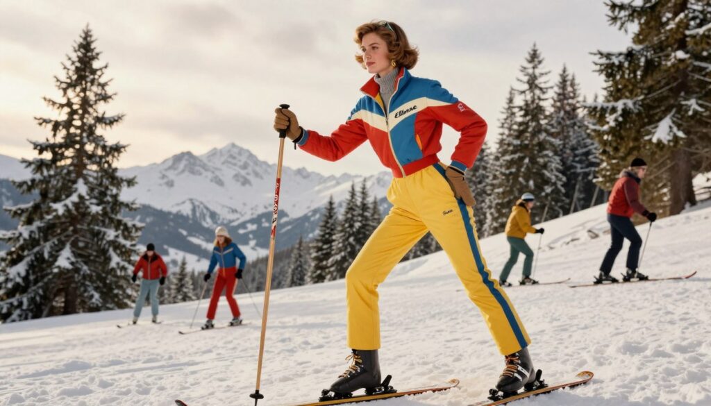 A vintage scene capturing the essence of the 1950s to 60s Ellesse brand, featuring a stylish model wearing classic ski pants that highlight both functionality and fashion. The foreground showcases the model in a dynamic pose, elegantly leaning against a retro ski pole, dressed in a fitted, colorful ski jacket. In the middle background, a snowy mountain landscape evokes a sense of adventure, with pine trees dusted with snow and other skiers in the distance, all dressed in period-appropriate winter attire. The lighting is soft and diffused, mimicking early morning sun filtering through clouds, creating a warm and nostalgic atmosphere. The angle captures the elegance of the ski clothing while also emphasizing the rugged beauty of the winter landscape, reflecting a pivotal moment in sports fashion history.