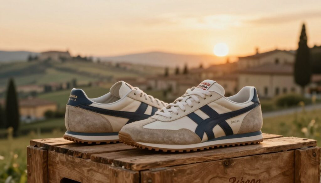 A vintage-styled scene showcasing a pair of classic Diadora sneakers, elegantly placed on a wooden crate to evoke a sense of history. The foreground features the detailed craftsmanship of the sneakers, highlighting their unique design elements and colorway reminiscent of the late 20th century. In the middle ground, a blurred but recognizable Italian landscape subtly hints at the brand's origins, complete with rolling hills and traditional architecture. The background softly fades into a warm sunset, casting a golden hue that enhances the nostalgic atmosphere. The lighting is soft and inviting, reminiscent of a sunny afternoon in Italy, with a shallow depth of field focusing on the shoes. The overall mood reflects pride in heritage and craftsmanship, capturing the essence of Diadora's longstanding tradition. A vintage-styled scene showcasing a pair of classic Diadora sneakers, elegantly placed on a wooden crate to evoke a sense of history. The foreground features the detailed craftsmanship of the sneakers, highlighting their unique design elements and colorway reminiscent of the late 20th century. In the middle ground, a blurred but recognizable Italian landscape subtly hints at the brand's origins, complete with rolling hills and traditional architecture. The background softly fades into a warm sunset, casting a golden hue that enhances the nostalgic atmosphere. The lighting is soft and inviting, reminiscent of a sunny afternoon in Italy, with a shallow depth of field focusing on the shoes. The overall mood reflects pride in heritage and craftsmanship, capturing the essence of Diadora's longstanding tradition.