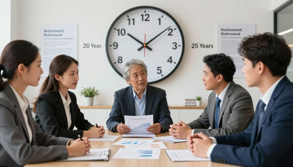 A visual representation of a formal meeting showcasing the concept of retirement age and work experience. In the foreground, feature a professional-looking, diverse group of men and women in smart business attire engaged in a discussion around a table filled with papers and charts depicting retirement milestones. The middle ground includes a large wall clock symbolizing time, with its hands pointing at two significant markers: 20 years and 25 years, signifying work experience for women and men respectively. The background features a soft-focus office environment with motivational posters about retirement plans. The lighting is bright and inviting, casting a warm glow over the scene. The mood is focused and informative, emphasizing professionalism and clarity in discussions about retirement.