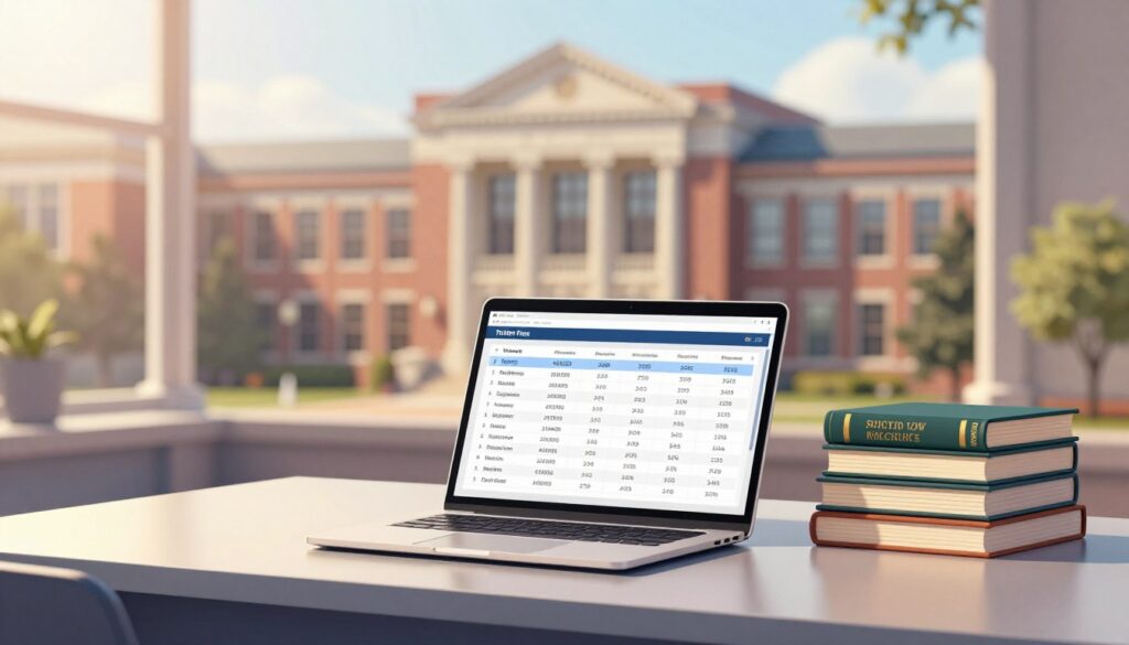 A visually appealing and informative illustration showcasing tuition fees at selected law schools. In the foreground, display a sleek, modern desk with an open laptop showing a spreadsheet with different tuition amounts and associated fees. Next to the laptop, place a stack of law books, neatly arranged with titles visible. In the middle, have a background with a university campus featuring iconic architecture associated with prestigious law schools, like columns and large windows in a soft-focus blur. The lighting should be warm and inviting, suggesting a productive study environment, with sunlight streaming through a nearby window. The overall mood is serious but optimistic, conveying the importance of legal studies and financial planning. Ensure no people appear in the image, maintaining a professional representation.