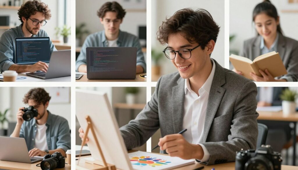 A visually appealing collage that showcases various interests categorized by different professions and work environments. In the foreground, feature a well-dressed young professional enthusiastically engaging in activities like painting and photography, symbolizing creativity. In the middle ground, include images of a tech-savvy individual coding on a laptop, and another professional reading a book about finance, highlighting intellectual pursuits. The background should depict an office setting with subtle hints of nature, suggesting a balanced lifestyle. Use warm, natural lighting to create an inviting ambiance, with a shallow depth of field to focus on the individuals while softly blurring the workspace. The overall mood should be inspiring and dynamic, emphasizing the value of diverse interests in professional growth and personal development.