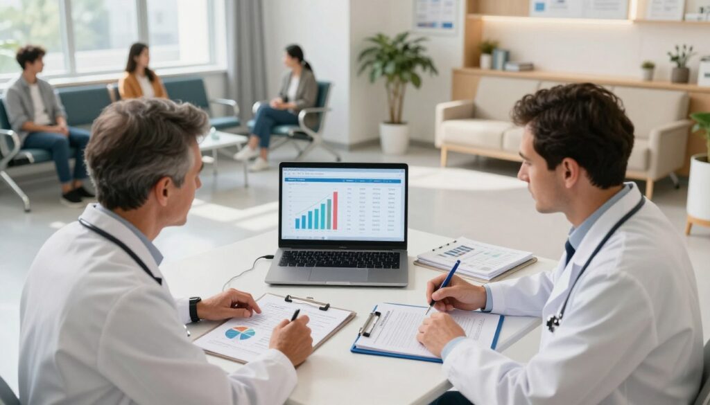 A visually appealing comparison scene illustrating public (NFZ) vs. private healthcare sectors in Poland, focusing on hourly rates. In the foreground, two doctors in professional attire—one representing the public sector, and the other the private sector—are engaged in a discussion over charts and graphs detailing their earnings. The middle layer features a balanced, well-organized workspace with a laptop displaying graphs of salary comparisons, and a clipboard with patient statistics. The background should depict a split environment: half a bustling hospital waiting room with patients, representing the public sector, and half a modern, upscale private clinic with relaxing decor. Natural light streams in through large windows, creating a warm and informative atmosphere, captured from a slight overhead angle for clarity.