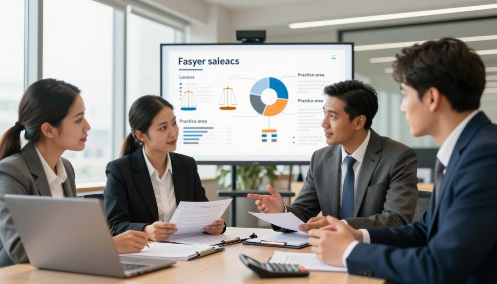 A visually compelling image illustrating factors influencing lawyer salaries in the USA. In the foreground, a diverse group of three lawyers, dressed in professional business attire, engaged in discussion around a table filled with legal documents, a laptop, and a calculator. In the middle ground, include visual elements like infographics depicting statistics on factors such as experience, location, practice area, and client diversity. The background should show a modern law office environment with large windows allowing natural light to pour in, creating a professional and optimistic atmosphere. Use a slightly elevated angle to provide depth, with warm, inviting lighting to evoke a sense of professionalism and success. The overall mood should convey collaboration and strategic planning in a law context.