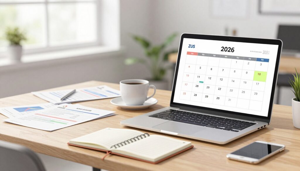 A visually engaging illustration depicting a calendar 2026 with highlighted dates relevant to ZUS payment deadlines for sole proprietors. In the foreground, a modern, professional-looking desk with a laptop featuring a financial graph on the screen and a planner opened to the month of April, marked with key deadlines. In the middle, a table displaying neatly arranged documents and a cup of coffee, suggesting a typical work environment. The background features a bright office space with large windows allowing natural light to illuminate the scene, enhancing a feeling of clarity and organization. The atmosphere is calm and professional, promoting focus on financial responsibilities. The composition should have a slight depth of field, drawing attention to the desk while subtly blurring the background for emphasis. A visually engaging illustration depicting a calendar 2026 with highlighted dates relevant to ZUS payment deadlines for sole proprietors. In the foreground, a modern, professional-looking desk with a laptop featuring a financial graph on the screen and a planner opened to the month of April, marked with key deadlines. In the middle, a table displaying neatly arranged documents and a cup of coffee, suggesting a typical work environment. The background features a bright office space with large windows allowing natural light to illuminate the scene, enhancing a feeling of clarity and organization. The atmosphere is calm and professional, promoting focus on financial responsibilities. The composition should have a slight depth of field, drawing attention to the desk while subtly blurring the background for emphasis.