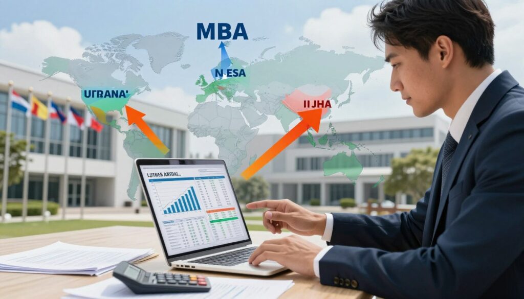 A visually engaging scene depicting the financial aspects of studying an MBA abroad. In the foreground, a confident professional in business attire is analyzing a detailed budget plan on a laptop, surrounded by documents and a calculator. In the middle ground, a world map highlighting major MBA destinations in Europe and the USA, with vibrant arrows pointing to each location, symbolizing travel and investment. In the background, a modern university building with flags from various countries fluttering in the breeze, under a clear blue sky. Soft, natural lighting enhances the scholarly atmosphere, with a focus on the laptop screen showing graphs and numbers. The mood reflects ambition, professionalism, and the pursuit of knowledge.
