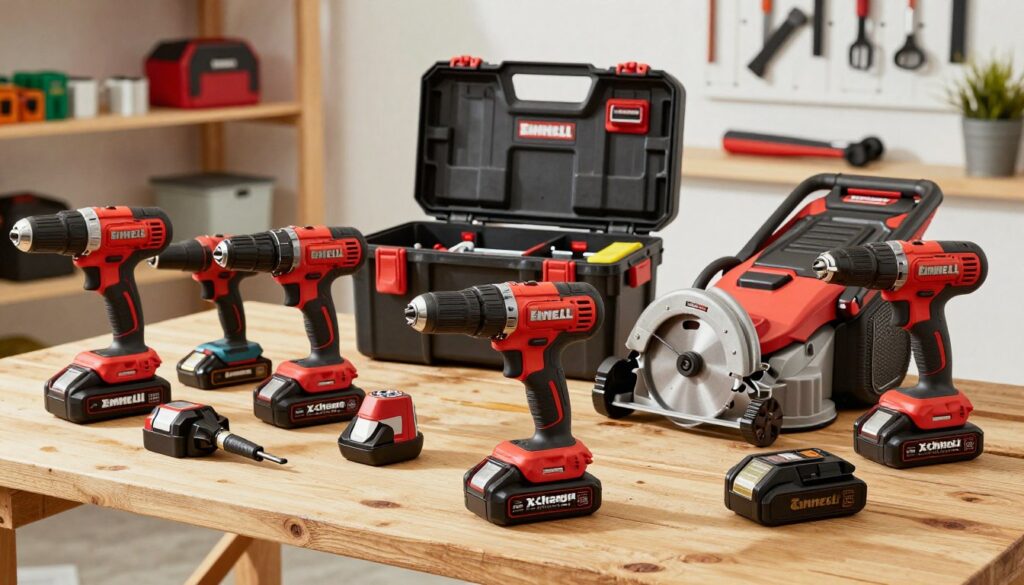 A visually striking display of a variety of Einhell power tools and battery systems arranged neatly on a wooden workbench. In the foreground, showcase the Power X-Change battery pack prominently, surrounded by a diverse selection of Einhell tools such as a drill, circular saw, and lawn mower, all in vibrant red and black colors. The middle ground should feature a well-organized toolbox and additional batteries, demonstrating the versatility of the system. In the background, softly blurred shelves filled with other gardening and DIY tools create an inviting workshop atmosphere. The lighting should be bright and natural, emulating daylight, enhancing the tools' details. The scene conveys a sense of reliability and professionalism, appealing to both DIY enthusiasts and professionals alike.