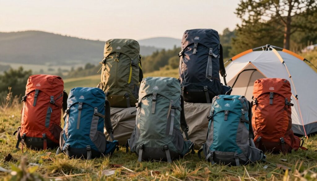 A visually striking image featuring a variety of outdoor backpacks designed for hiking and travel. In the foreground, several colorful backpacks with ergonomic designs are displayed, showcasing different styles and sizes, including daypacks, trekking backpacks, and larger camping packs. The middle ground includes a tent and a sleeping bag laid out, emphasizing the camping aspect of outdoor adventures. In the background, a serene natural landscape is visible, with gentle hills and trees under soft, golden hour lighting to create a warm and inviting atmosphere. The focus should be sharp on the backpacks and gear, while maintaining a slightly blurred background for depth. The overall mood should evoke a sense of adventure and exploration, ideal for outdoor enthusiasts. A visually striking image featuring a variety of outdoor backpacks designed for hiking and travel. In the foreground, several colorful backpacks with ergonomic designs are displayed, showcasing different styles and sizes, including daypacks, trekking backpacks, and larger camping packs. The middle ground includes a tent and a sleeping bag laid out, emphasizing the camping aspect of outdoor adventures. In the background, a serene natural landscape is visible, with gentle hills and trees under soft, golden hour lighting to create a warm and inviting atmosphere. The focus should be sharp on the backpacks and gear, while maintaining a slightly blurred background for depth. The overall mood should evoke a sense of adventure and exploration, ideal for outdoor enthusiasts.