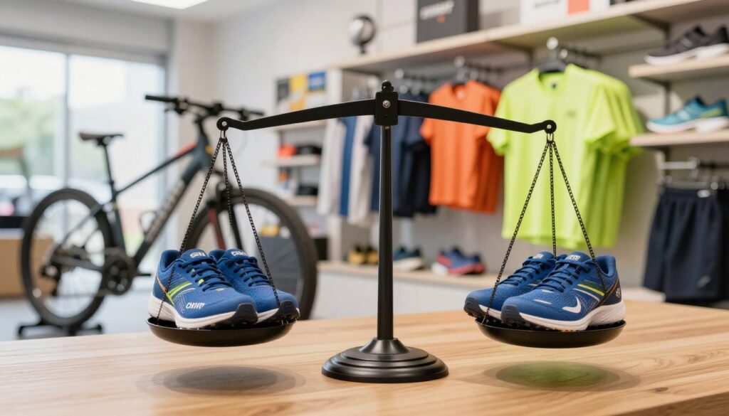 A visually striking image that symbolizes "value for money" in the context of competitive sports brands, specifically highlighting Crivit's positioning. In the foreground, a balanced scale, one side showcasing high-quality sports gear branded with Crivit logos, and the other side depicting similar gear from rival brands, slightly more expensive. The scale is set on a wooden table. In the middle ground, sports equipment like bicycles, running shoes, and activewear display a vibrant color palette, emphasizing quality. In the background, a bright, modern retail environment with clear shelving units filled with various sports products. Soft, natural lighting illuminates the scene, creating an inviting and professional atmosphere. The angle captures the scale prominently, enhancing the concept of quality versus price.