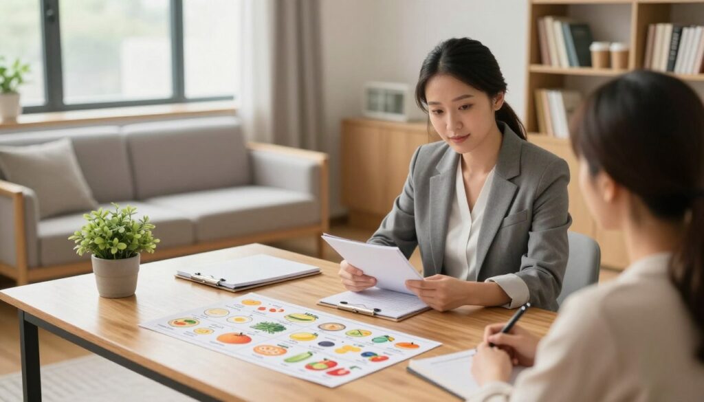 A warm and inviting consultation room, freshly prepared for a dietary session. In the foreground, a neatly arranged wooden desk features colorful food charts, a notepad, and a soft green plant. The middle ground shows a professional dietitian in business attire, attentively reviewing notes and preparing to greet a patient. The background includes a cozy seating area with two chairs, a large window allowing natural light to flood in, and shelves filled with nutrition books. The atmosphere is calm and focused, with soft lighting enhancing the sense of professionalism and care. The angle captures both the desk and the seating area, emphasizing the readiness for patient interaction.