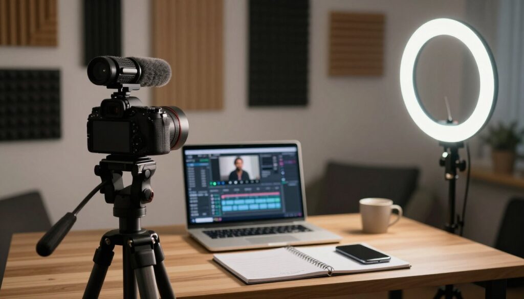 A well-arranged setup showcasing essential YouTuber equipment for high-quality content creation. In the foreground, there is a sleek, modern camera on a sturdy tripod, equipped with a high-quality microphone mounted on top. To the side, a bright LED ring light illuminates the scene, casting soft, flattering light on the subject. The middle ground features a laptop with video editing software open, alongside a notepad with notes and a smartphone for quick social media engagement. The background is a cozy, inviting studio space adorned with professional soundproofing panels and acoustic foam, creating an ideal atmosphere for video production. Soft-focus lighting adds warmth, emphasizing a productive yet relaxed mood. A well-arranged setup showcasing essential YouTuber equipment for high-quality content creation. In the foreground, there is a sleek, modern camera on a sturdy tripod, equipped with a high-quality microphone mounted on top. To the side, a bright LED ring light illuminates the scene, casting soft, flattering light on the subject. The middle ground features a laptop with video editing software open, alongside a notepad with notes and a smartphone for quick social media engagement. The background is a cozy, inviting studio space adorned with professional soundproofing panels and acoustic foam, creating an ideal atmosphere for video production. Soft-focus lighting adds warmth, emphasizing a productive yet relaxed mood.
