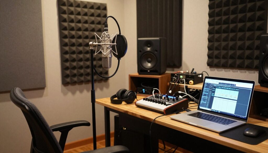 A well-equipped home recording studio set up for audio recording, featuring a professional-looking microphone on a pop filter stand, next to a digital audio interface and a laptop displaying audio software. In the foreground, a comfortable chair is positioned in front of a sound-absorbing foam wall to enhance acoustics. The middle area showcases an organized workspace with a small mixing console and studio monitors, along with studio headphones resting on a table. The background features shelves with audio equipment and acoustic panels, giving a cozy yet professional atmosphere. Soft, warm lighting illuminates the space, creating an inviting environment that encourages creativity and productivity. The overall mood is focused and inspiring, perfect for beginners in audio recording. A well-equipped home recording studio set up for audio recording, featuring a professional-looking microphone on a pop filter stand, next to a digital audio interface and a laptop displaying audio software. In the foreground, a comfortable chair is positioned in front of a sound-absorbing foam wall to enhance acoustics. The middle area showcases an organized workspace with a small mixing console and studio monitors, along with studio headphones resting on a table. The background features shelves with audio equipment and acoustic panels, giving a cozy yet professional atmosphere. Soft, warm lighting illuminates the space, creating an inviting environment that encourages creativity and productivity. The overall mood is focused and inspiring, perfect for beginners in audio recording.