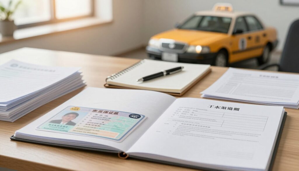 A well-organized desk filled with essential documents for becoming a taxi driver, showcasing various licenses, official statements, and certificates stacked neatly. The foreground features an open folder displaying a taxi driver's license, while a form for a background check peeks out from the side. The middle ground includes a pen and a notepad, symbolizing preparation and planning. In the background, a soft-focus image of a taxi stands against a warm, inviting office environment. Natural light filters in through a window, creating a bright and professional atmosphere. The overall mood is one of diligence and readiness, emphasizing the importance of these documents for aspiring taxi drivers.