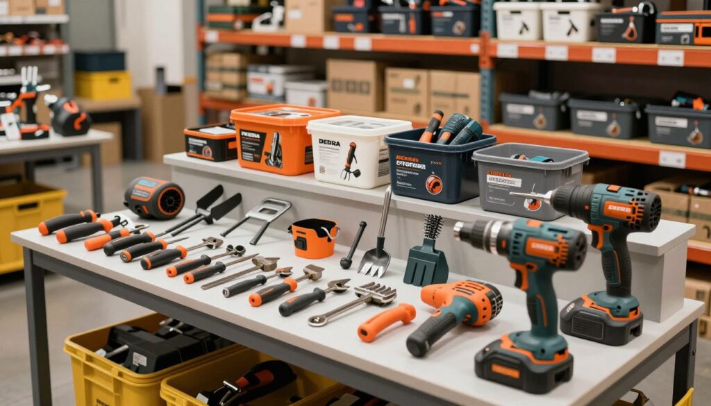 A well-organized display showcasing the main product categories from Dedra, featuring a range of tools and equipment. In the foreground, a variety of hand tools, power tools, and gardening tools are artfully arranged on a sleek workbench. In the middle ground, there are boxes and containers filled with additional products, emphasizing variety and functionality. The background should depict a warehouse or storage area with shelves stacked with various Dedra products, hinting at a large inventory. Soft, natural lighting illuminates the scene, creating a welcoming and professional atmosphere. The angle should be slightly elevated, providing a comprehensive view of the organized space, which conveys efficiency and reliability. A well-organized display showcasing the main product categories from Dedra, featuring a range of tools and equipment. In the foreground, a variety of hand tools, power tools, and gardening tools are artfully arranged on a sleek workbench. In the middle ground, there are boxes and containers filled with additional products, emphasizing variety and functionality. The background should depict a warehouse or storage area with shelves stacked with various Dedra products, hinting at a large inventory. Soft, natural lighting illuminates the scene, creating a welcoming and professional atmosphere. The angle should be slightly elevated, providing a comprehensive view of the organized space, which conveys efficiency and reliability.