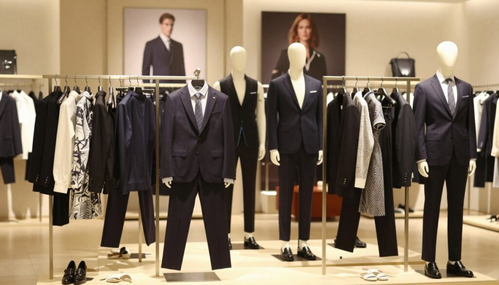 A well-organized fashion display featuring a collection of men's and women's clothing from the Daniel Hechter brand. In the foreground, a neatly arranged selection of stylish garments, including tailored suits and elegant dresses, showcased on minimalist clothing racks. In the middle, mannequins dressed in the latest Daniel Hechter designs, featuring refined cuts and sophisticated fabrics, embodying a blend of modern elegance and timeless style. In the background, soft-focus images of a chic storefront with subtle lighting that creates an inviting, upscale atmosphere. The overall mood is polished and professional, emphasizing the quality and versatility of the clothing collections, appealing to both men and women. The lighting should be warm and inviting, highlighting textures and colors of the clothing. A well-organized fashion display featuring a collection of men's and women's clothing from the Daniel Hechter brand. In the foreground, a neatly arranged selection of stylish garments, including tailored suits and elegant dresses, showcased on minimalist clothing racks. In the middle, mannequins dressed in the latest Daniel Hechter designs, featuring refined cuts and sophisticated fabrics, embodying a blend of modern elegance and timeless style. In the background, soft-focus images of a chic storefront with subtle lighting that creates an inviting, upscale atmosphere. The overall mood is polished and professional, emphasizing the quality and versatility of the clothing collections, appealing to both men and women. The lighting should be warm and inviting, highlighting textures and colors of the clothing.