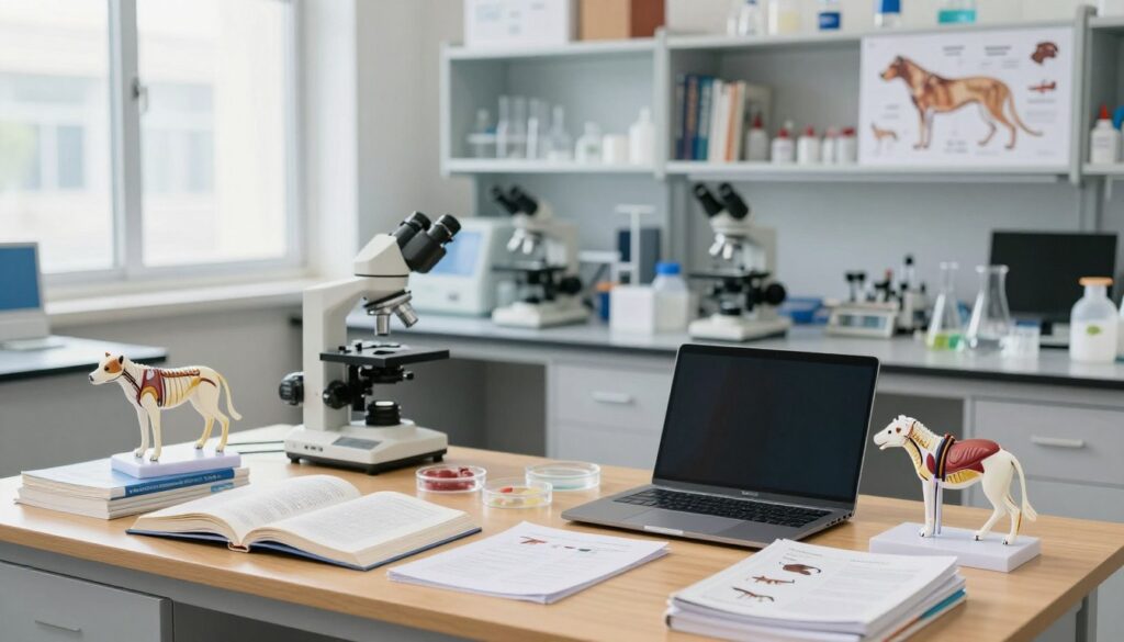 A well-organized study space showcasing veterinary educational materials and laboratory equipment. In the foreground, include a wooden desk cluttered with textbooks, a laptop, and various veterinary anatomy models, such as a skeletal system and organs. The middle ground features a high-tech laboratory setup, including microscopes, petri dishes, and glassware, all arranged neatly. In the background, there are shelves filled with scientific books and charts of animal anatomy. The lighting should be bright and inviting, simulating a daylit atmosphere through large windows. A shallow depth of field with a slight blur beyond the desk draws focus to the foreground. The mood is focused and academic, reflecting the seriousness of pursuing veterinary studies.