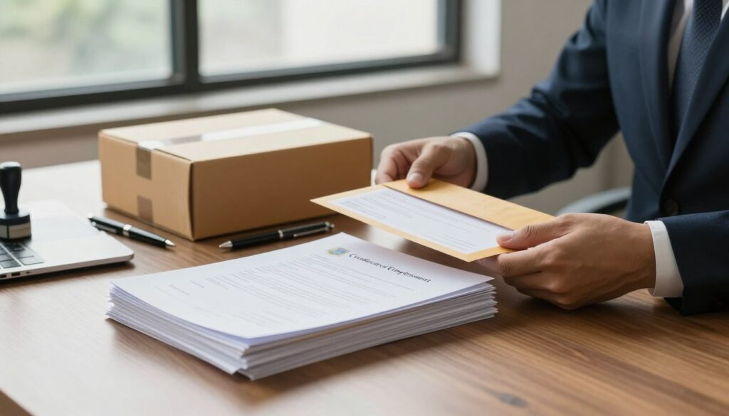 A well-organized workspace featuring a professional setting. In the foreground, a neatly stacked pile of official documents, with a prominent view of a polished work desk, a pair of hands dressed in a formal suit adjusting a clear envelope containing a "Certificate of Employment". In the middle, an open postal service box ready to be sealed, surrounded by pens, and a stamp. The background shows a large window with soft, natural lighting filtering in, creating a calm and focused atmosphere. The scene conveys professionalism and attention to detail, highlighting the importance of properly sending employment certificates through the mail. The composition is balanced, shot from a slightly elevated angle to capture the entire layout effectively.