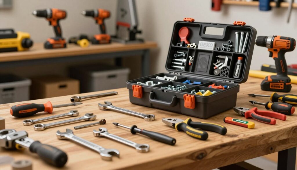 A well-organized workspace featuring a variety of professional tools from the GEKO brand. In the foreground, a sturdy workbench made of wood, displaying a selection of hand tools like wrenches, screwdrivers, and pliers, all neatly arranged. In the middle ground, a toolbox is slightly open, showcasing organized compartments filled with various fasteners and small accessories. The background includes a blurred shelf lined with power tools such as drills and saws, emphasizing utility. Soft, warm lighting enhances the tools' metallic textures and creates an inviting atmosphere. The scene suggests a blend of professional craftsmanship and DIY enthusiasm, inviting viewers to imagine the possibilities of these tools in action. Shot with a wide-angle lens to capture the overall workspace.