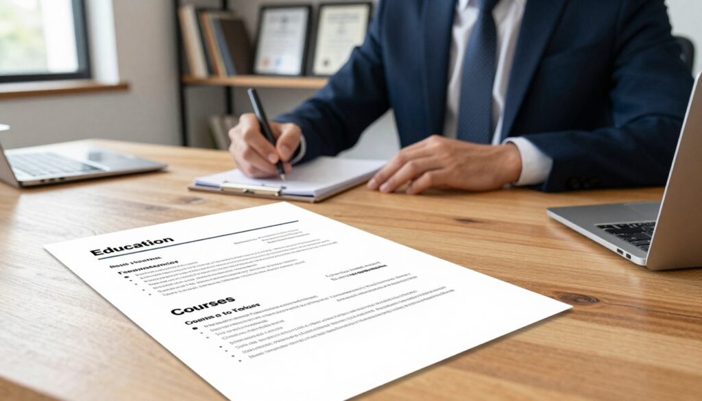A well-organized workspace showcasing a professional CV on a wooden desk, emphasizing "Education" and "Courses." The foreground features a neat, printed CV with sections clearly labeled, highlighting qualifications and additional activities. In the middle ground, a business professional in smart attire, thoughtfully reviewing the CV while writing notes on a notepad. The background includes a shelf filled with books and certification diplomas framed on the wall, symbolizing ongoing education. Soft natural light filters through a nearby window, creating a welcoming and productive atmosphere. The angle is slightly above the desk, capturing both the CV and the professional's engaged expression, conveying a mood of ambition and readiness for job opportunities.