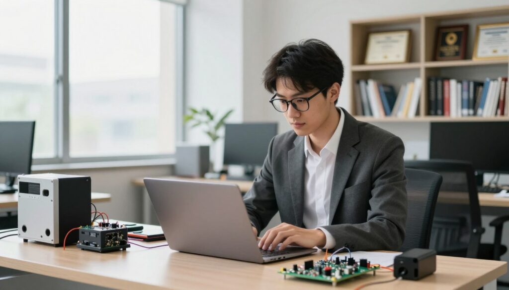 A young electronics specialist at a modern office desk, focused intently on a laptop. Foreground: a neatly organized workspace with technical gadgets, circuit boards, and tools indicative of the electronics field. Middle: the specialist, a young adult in professional business attire, exhibiting a blend of concentration and confidence. The specialist has short dark hair and is wearing glasses. Background: a bright, contemporary office with large windows, natural light flooding the space, and shelves filled with engineering textbooks and certification plaques. The atmosphere is dynamic and productive, signifying a professional environment. Capture the image with a slight depth of field, soft focus on the background, and sharp detail on the specialist to emphasize their role in the electronics field.
