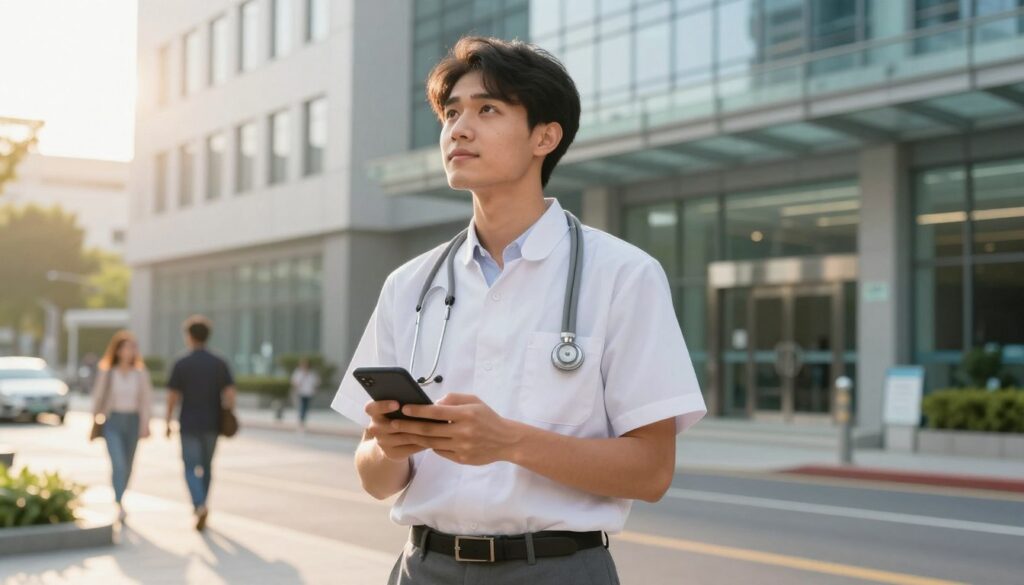A young medical intern standing confidently outside a modern hospital, dressed in professional business attire, with a stethoscope draped around their neck. In the foreground, the intern looks thoughtfully at a mobile device, possibly reviewing job offers or freelance opportunities related to their field. In the middle ground, soft sunlight casts a warm glow on a bustling urban street, with a few people walking by, and the hospital's large glass entrance in the background. The scene captures a vibrant, optimistic atmosphere, highlighting the dual life of a medical intern balancing hospital duties and additional work. The angle is slightly elevated, providing a clear view of both the intern and the hospital, conveying a sense of determination and ambition.