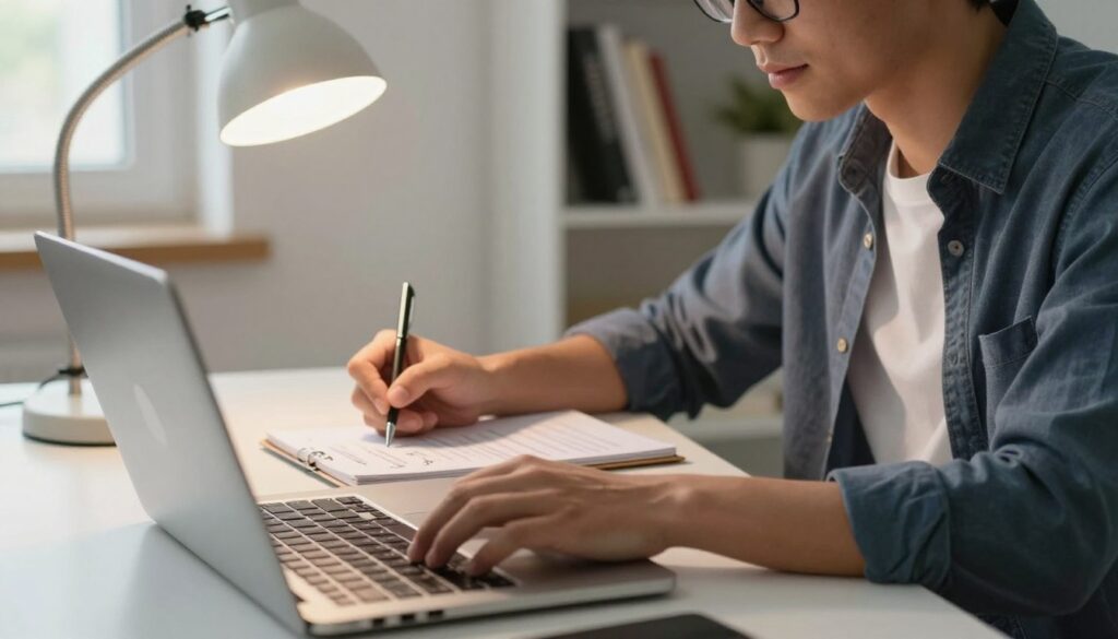 A young professional, dressed in smart casual attire, sits at a clean, organized desk with a laptop open in front of them, intently writing a self-description for a CV. The foreground features a close-up of their hands typing, while a bright desk lamp casts a warm, inviting glow. In the middle, a blank notepad lies beside the laptop, filled with scribbled notes and ideas, indicating potential and ambition. Shelves in the background display books about career development and personal growth, creating an atmosphere of aspiration. Soft natural light filters in from a nearby window, adding to the serene mood that inspires confidence and hope for the future. The overall tone is uplifting and motivating, capturing the essence of starting a professional journey without prior experience.