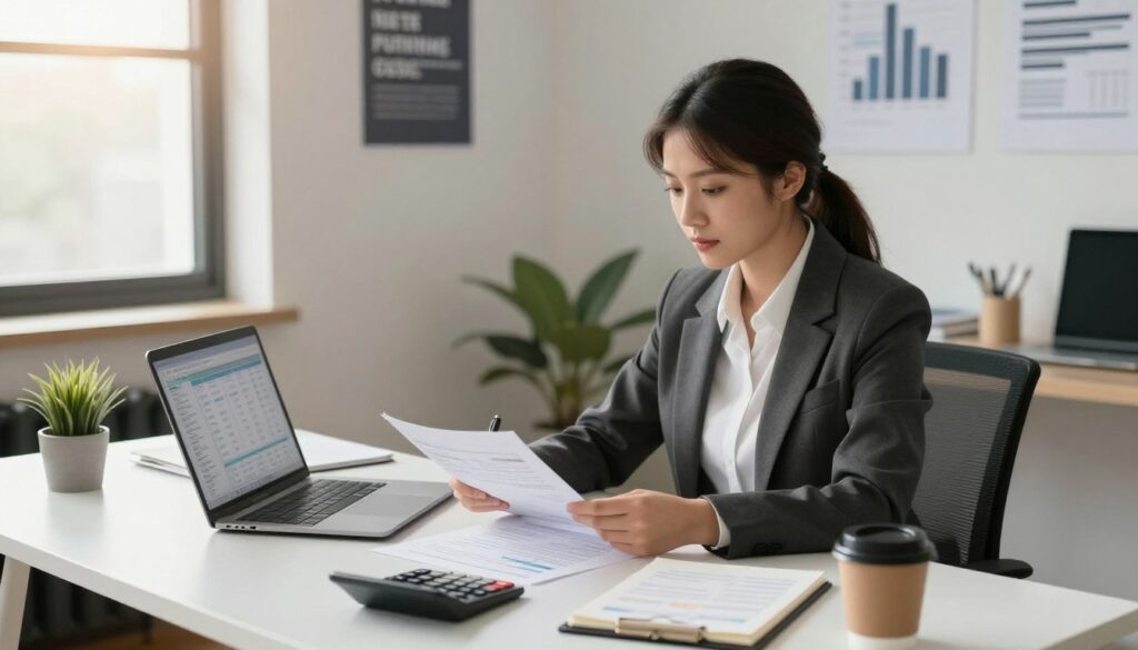 A young professional woman, dressed in smart business attire, sits at a modern desk filled with accounting paperwork and a laptop displaying spreadsheets. She has a focused expression, surrounded by tools of the trade: calculators, notepads, and a coffee cup. In the background, a wall adorned with motivational posters about success and finance adds a touch of inspiration. Soft, natural light filters through a nearby window, casting a warm glow over the workspace, creating a calm and inviting atmosphere. The scene is framed from a slightly elevated angle, emphasizing the organized chaos of her first day in accounting. The overall mood is one of ambition and determination, highlighting the journey into the world of finance.