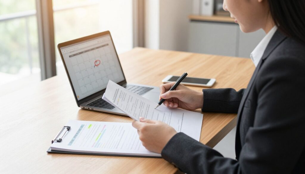 A young professional woman in smart business attire, sitting at a sleek wooden desk, reviewing notes and documents in preparation for an important conversation with her employer. In the foreground, a notepad filled with bullet points and highlighted sections about work experience and self-employment is visible. The middle ground shows a laptop opened, displaying a calendar with the upcoming interview date circled. In the background, a bright office environment with a large window allowing natural light to flood the space, contributing to a focused and serious mood. Soft sunlight adds warmth to the scene, creating a sense of determination and readiness. The angle is slightly elevated, providing a comprehensive view of the workspace that emphasizes organization and professionalism. A young professional woman in smart business attire, sitting at a sleek wooden desk, reviewing notes and documents in preparation for an important conversation with her employer. In the foreground, a notepad filled with bullet points and highlighted sections about work experience and self-employment is visible. The middle ground shows a laptop opened, displaying a calendar with the upcoming interview date circled. In the background, a bright office environment with a large window allowing natural light to flood the space, contributing to a focused and serious mood. Soft sunlight adds warmth to the scene, creating a sense of determination and readiness. The angle is slightly elevated, providing a comprehensive view of the workspace that emphasizes organization and professionalism.