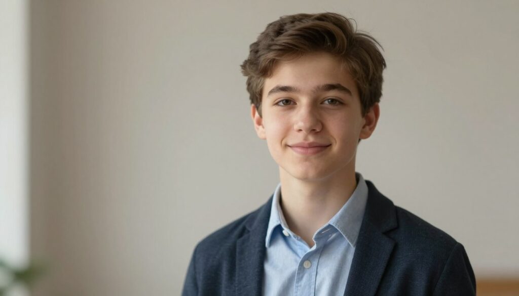 A young student posing for a professional headshot, dressed in smart casual attire, standing against a neutral background. The student, a teenage individual with a friendly and approachable expression, has short brown hair and is looking directly at the camera. Soft, natural lighting illuminates their face, creating a warm, inviting atmosphere. The composition focuses on the student's upper body, while ensuring that the background remains simple and unobtrusive, emphasizing the subject. The angle is slightly above eye level, providing a flattering perspective. The mood is professional yet relatable, suitable for a CV, conveying confidence and readiness for a first job opportunity.
