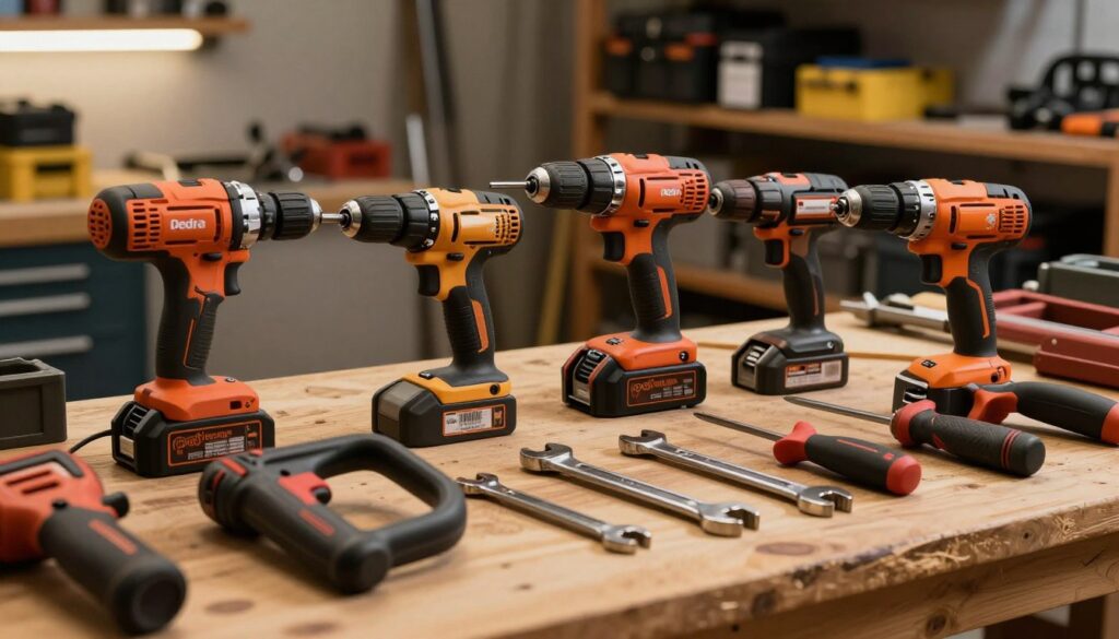 An array of Dedra tools displayed on a wooden workbench, showcasing various power tools and hand tools such as drills, saws, and wrenches. The tools should be both professional and robust, reflecting high quality and practicality. In the background, a soft-focus industrial workshop hinting at a productive environment, with shelves stacked with toolboxes and materials. The lighting is warm and inviting, with overhead lamps casting a gentle glow on the tools, accentuating their sleek designs and shiny surfaces. The angle is slightly tilted to give a dynamic view, enhancing the depth of the scene. The overall mood is energetic and industrious, making it clear that quality tools come with a meaningful investment. An array of Dedra tools displayed on a wooden workbench, showcasing various power tools and hand tools such as drills, saws, and wrenches. The tools should be both professional and robust, reflecting high quality and practicality. In the background, a soft-focus industrial workshop hinting at a productive environment, with shelves stacked with toolboxes and materials. The lighting is warm and inviting, with overhead lamps casting a gentle glow on the tools, accentuating their sleek designs and shiny surfaces. The angle is slightly tilted to give a dynamic view, enhancing the depth of the scene. The overall mood is energetic and industrious, making it clear that quality tools come with a meaningful investment.