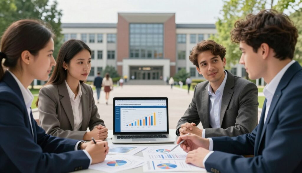 An artistic representation of the concept of postgraduate study costs in Poland. In the foreground, a diverse group of three professionals dressed in smart business attire discussing finance options, with charts and study materials spread on a table. In the middle, a laptop displaying a financial breakdown of tuition fees and scholarship opportunities. The background shows a modern university campus, symbolizing education and growth, with trees and students walking. The atmosphere is focused and optimistic, illuminated by soft, natural lighting that conveys a sense of hope and opportunity. A slight depth of field effect highlights the professionals and their discussion, creating a sense of engagement and seriousness about educational investment.