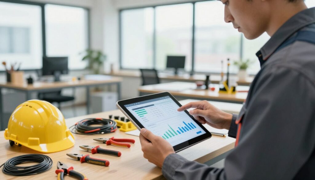 An electrician in a modern workspace, focused on calculating expenses and earnings on a digital tablet. In the foreground, the electrician, dressed in professional work attire, holds a tablet displaying charts and figures related to income. The middle area features a workbench cluttered with tools like pliers, wires, and a safety helmet, indicating an active job site. In the background, a well-lit, contemporary office with large windows allows natural light to illuminate the scene, creating an atmosphere of professionalism and focus. The image should convey a sense of determination and diligence, with attention to detail in facial expressions and surroundings, capturing the essence of financial planning for electricians.