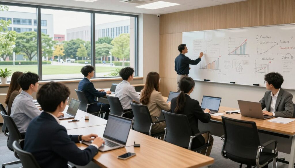 An elegant and modern private university setting, showcasing a well-appointed lecture hall filled with students engaged in a dynamic discussion. In the foreground, a diverse group of young adults, dressed in professional business attire, are seated at sleek wooden desks with laptops open, actively participating. The middle layer features a well-lit professor at the front, energetically writing on a whiteboard filled with graphs and concepts related to tuition costs and educational value. The background reveals large windows allowing natural light to flood the space, overlooking a vibrant campus with green trees and contemporary buildings. The atmosphere is stimulating and focused, conveying a sense of ambition and professionalism in education. An elegant and modern private university setting, showcasing a well-appointed lecture hall filled with students engaged in a dynamic discussion. In the foreground, a diverse group of young adults, dressed in professional business attire, are seated at sleek wooden desks with laptops open, actively participating. The middle layer features a well-lit professor at the front, energetically writing on a whiteboard filled with graphs and concepts related to tuition costs and educational value. The background reveals large windows allowing natural light to flood the space, overlooking a vibrant campus with green trees and contemporary buildings. The atmosphere is stimulating and focused, conveying a sense of ambition and professionalism in education.