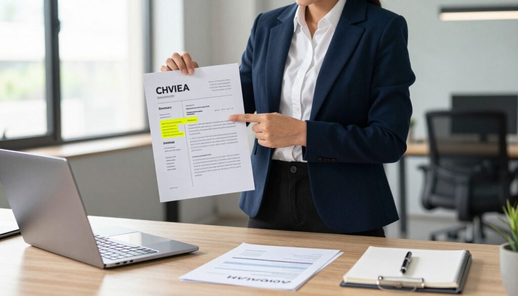 An elegant office workspace featuring a professional standing by a desk, showcasing a well-designed CV with a highlighted summary section that attracts attention. The foreground includes a sleek laptop, a notepad with a pen, and a few freshly printed CVs in attractive layouts. In the middle, the professional, dressed in smart business attire, is pointing at the highlighted summary on the CV with a confident smile, conveying enthusiasm. The background displays a modern office environment with large windows allowing natural light to flood in, creating a vibrant and inspiring atmosphere. The scene is captured from a slightly elevated angle, emphasizing the professional's expression and the details on the CVs, highlighting the importance of an engaging career summary. An elegant office workspace featuring a professional standing by a desk, showcasing a well-designed CV with a highlighted summary section that attracts attention. The foreground includes a sleek laptop, a notepad with a pen, and a few freshly printed CVs in attractive layouts. In the middle, the professional, dressed in smart business attire, is pointing at the highlighted summary on the CV with a confident smile, conveying enthusiasm. The background displays a modern office environment with large windows allowing natural light to flood in, creating a vibrant and inspiring atmosphere. The scene is captured from a slightly elevated angle, emphasizing the professional's expression and the details on the CVs, highlighting the importance of an engaging career summary.