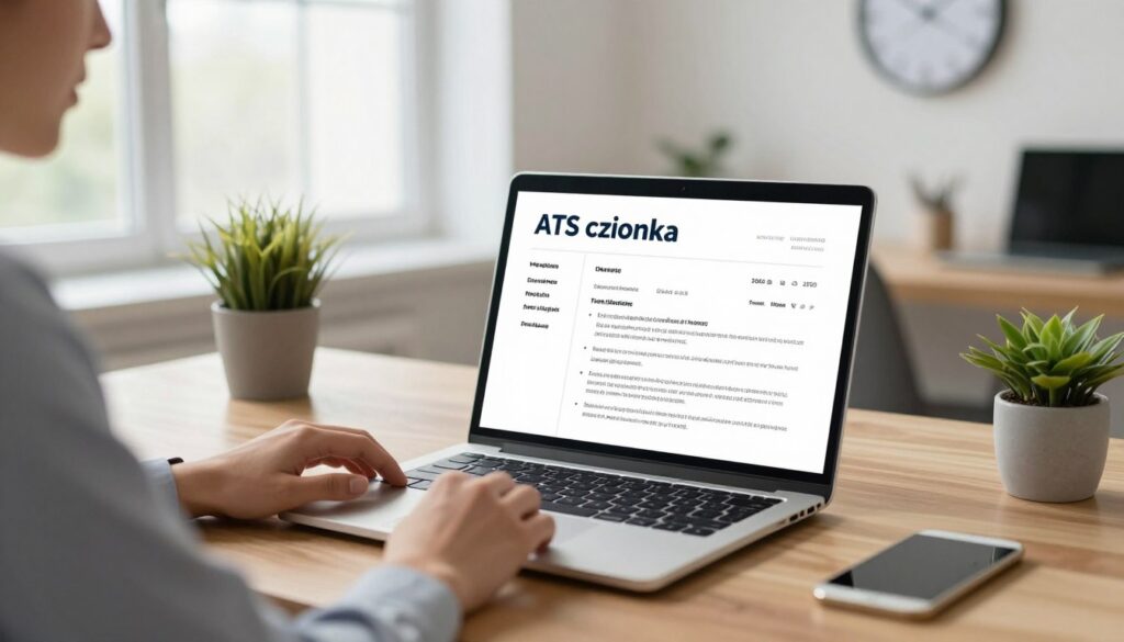 An elegantly designed workspace featuring an open laptop on a sleek wooden desk, showcasing a resume displayed in ATS-friendly font, specifically "ATS czcionka." In the foreground, a focused individual dressed in professional attire is reviewing the document, highlighting the importance of readability. The middle ground includes soft office decor like potted plants and a minimalistic wall clock, emphasizing a clean and organized environment. The background features a large window allowing natural light to pour in, creating a warm and inviting atmosphere. The lighting is bright yet soft, enhancing the readability of the resume on the screen, inviting viewers into the importance of optimal font choice in professional documents.