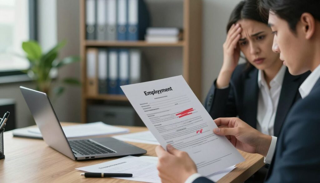 An office environment with a focus on a person examining an employment certificate, displaying visible errors marked in red. In the foreground, a professional-looking person in business attire is holding the document and looking concerned. In the middle, a desk cluttered with papers and a laptop, suggesting an atmosphere of urgency and importance. The background includes shelves filled with files and an indoor plant, conveying a professional office space. Soft, natural light filters through a nearby window, casting gentle shadows. The mood should be a mix of seriousness and determination, highlighting the importance of addressing mistakes in employment documentation.