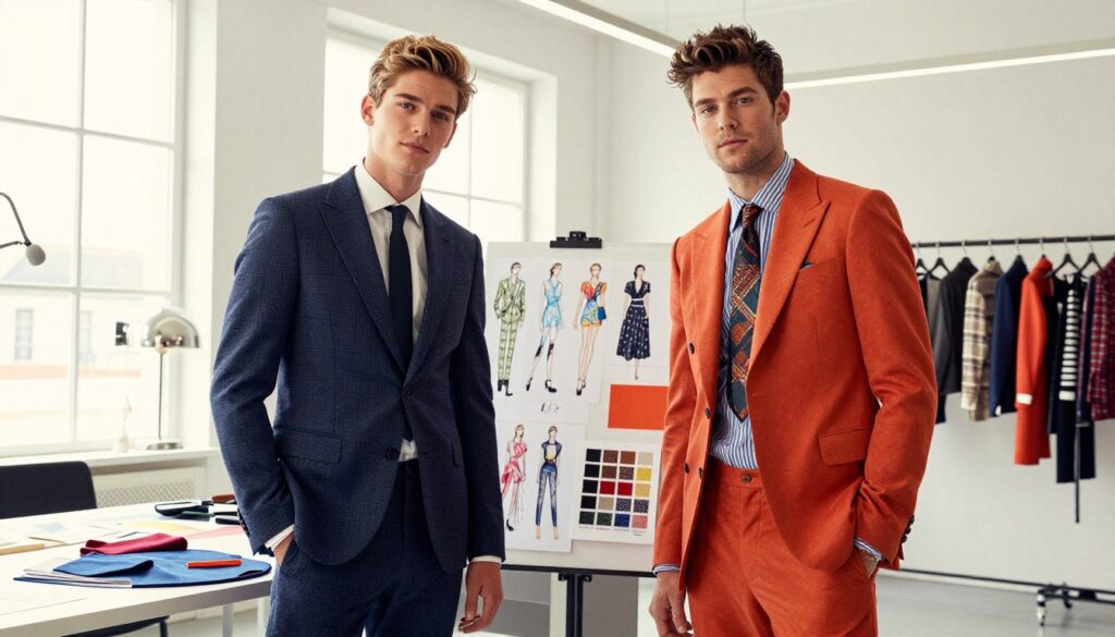 Bracia Dean and Dan Caten, the iconic designers behind Dsquared2, standing confidently in a stylish and modern fashion studio. In the foreground, they are depicted in professional business attire—Tailored suits with refined patterns and bold colors, exuding charisma and creativity. The middle ground features luxurious fashion sketches and fabric swatches, showcasing their design process. The background includes a bright work environment filled with natural light, large windows, and minimalistic decor, creating an inspiring and creative atmosphere. The overall mood is vibrant and dynamic, reflecting their innovative approach to fashion. Use soft lighting to enhance the vibrancy of their attire, captured with a shallow depth of field to emphasize the subjects. Frame the shot from a slightly low angle to convey a sense of empowerment and creativity.
